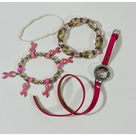 Breast Cancer Awareness Bracelet Set Origami Owl Rhinestone Bracelet Pink Ribbon - Picture 1 of 8